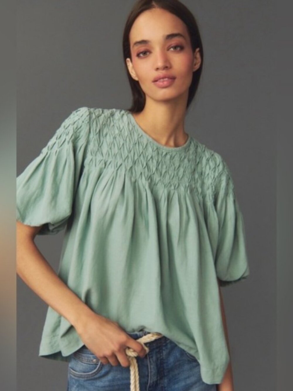 Anthropologie The Liza Puff-Sleeve Smocked Linen Top Sage Green S